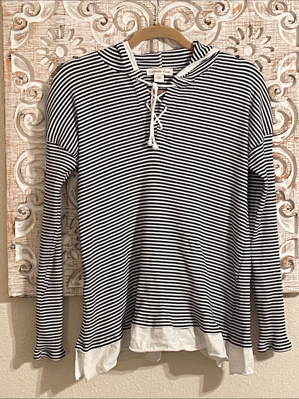 Coldwater Creek Navy & White Striped Lace-Up Hoodie